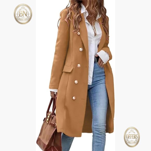 Long Wool Blend Pea Coat with Notch Collar Knee Length Overcoat